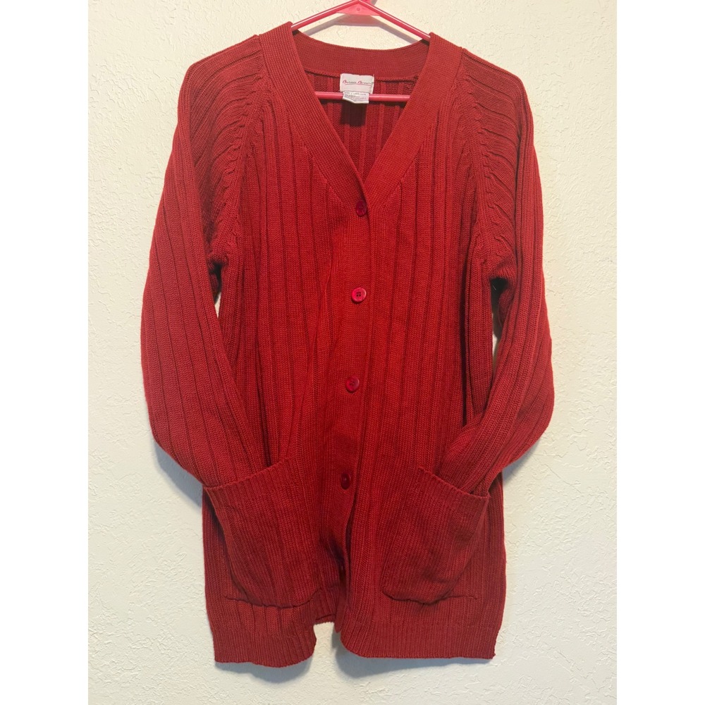 Bobbie Brooks Brick Red Ribbed Button Front Cardigan Sweater Pockets Large
